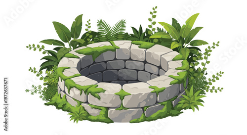 An ancient circular stone well heavily overgrown with vibrant green moss sits nestled within a dense cluster of broad tropical leaves and lush jungle plants.