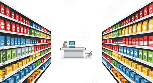 A symmetrical perspective view of a supermarket aisle displays long shelves packed with colorful boxes leading toward a distant checkout counter in a shop.