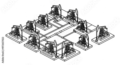 Array of Industrial Oil Pumpjacks in Field.