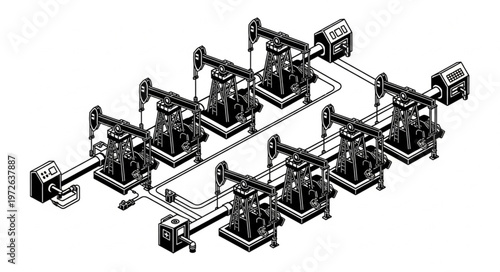 Array of Industrial Oil Pumpjacks in Repeating Layout.