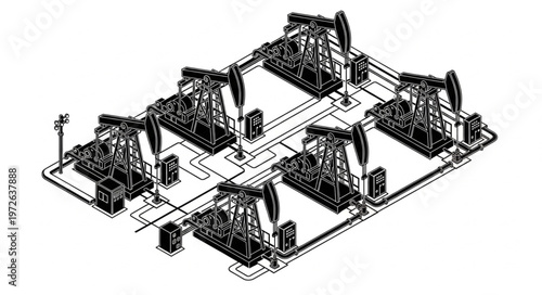 Array of Oil Pumpjacks Industrial Extraction Equipment.