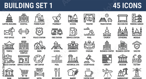 Building icons set with city landmarks public services infrastructure facilities and architecture elements outline vector collection.eps