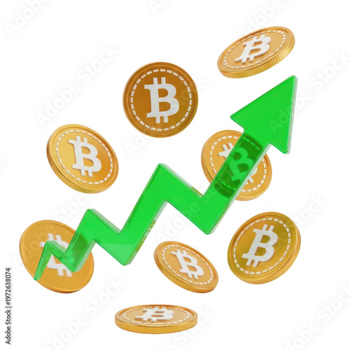 Bitcoin cryptocurrency coins and green upward trending arrow graph for financial growth