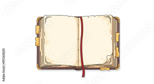 An open antique book with aged parchment pages features a long red ribbon bookmark and multiple small yellow paper tabs against a pristine white background.