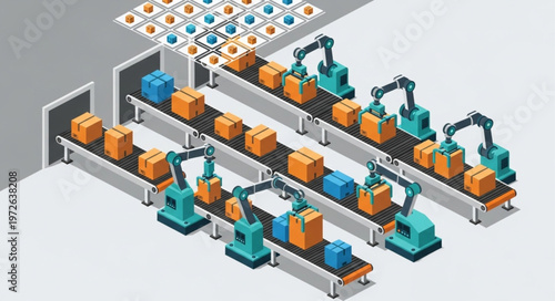 Automated robotic assembly line with conveyor packages.