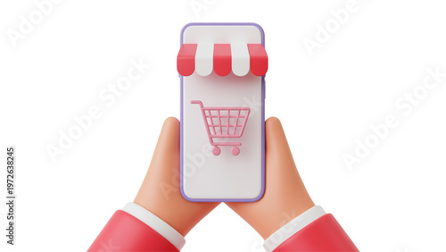 Hands holding a smartphone displaying a shopping cart icon Vector