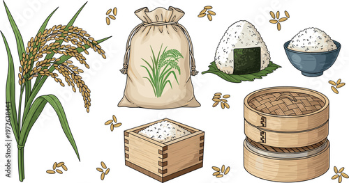 Rice production and food collection illustration with paddy plant sack grains sushi bowl and bamboo steamer for agriculture and cuisine design