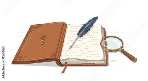 A leather-bound journal lies open with a blue quill pen resting on lined pages next to a brass magnifying glass on a light wooden surface background setting.
