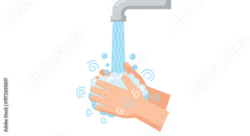 Meticulous hand washing procedure features soapy bubbles and flowing water from a modern faucet against a clean white background for hygiene and health safety.