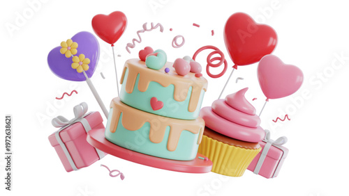Colorful gift box surrounded by hearts, balloons, and cupcakes for celebration Vector