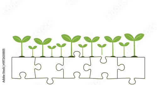 Vibrant green seedlings with delicate leaves grow steadily from a row of interlocking white jigsaw puzzle pieces against a stark and clean white backdrop.