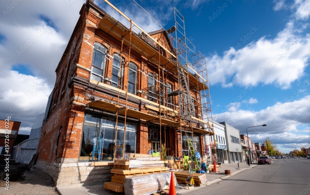 Fototapeta premium Restoration of Historic Brick Library Facade in Urban Setting under Construction