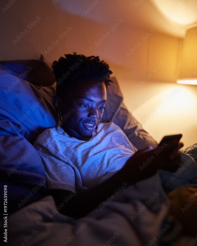 Fototapeta premium A Young Man Engrossed in His Phone in Bed at Night