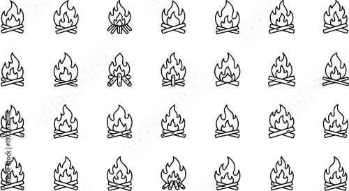 set of 100 fire flat line icons, flames, flame of various shapes, bonfire vector illustration.
