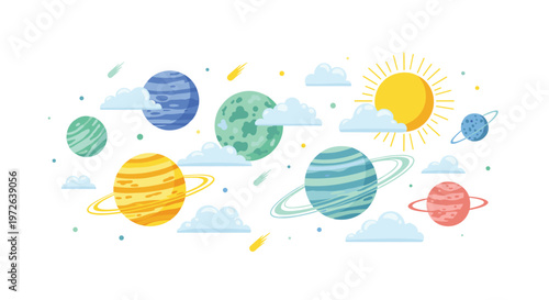 Whimsical solar system illustration showcases a bright yellow sun surrounded by various colorful planets and fluffy blue clouds in a vast white cosmic void.