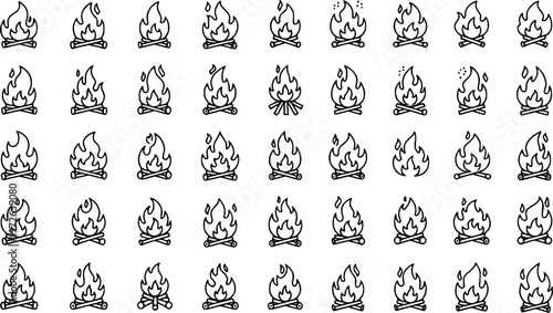 set of 100 fire flat line icons, flames, flame of various shapes, bonfire vector illustration.