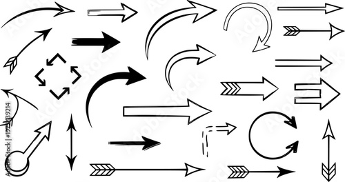 set of Collection hand drawn arrows. Set simple arrows isolated on white background. Arrow mark icons. Arrow paint - stock vector.