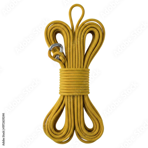 Yellow climbing rope with carabiner isolated on transparent background