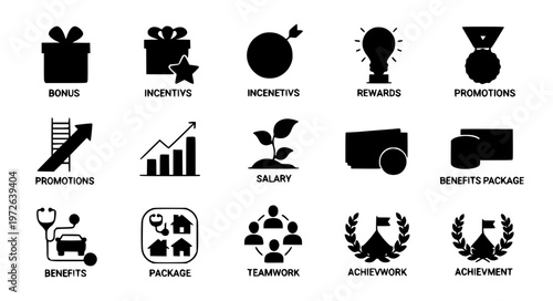 Employee benefits glyph solid icon vector set bonus reward career EPS10 isolated on white
