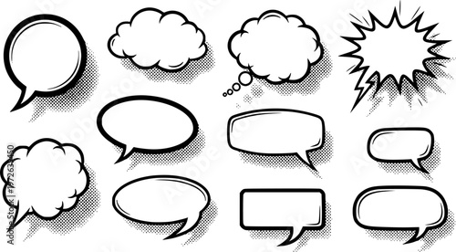  set of Retro empty comic speech bubbles set with black halftone shadows. Vintage design, pop art style - stock vecto