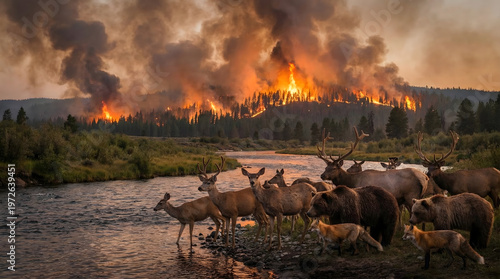 Wild Animals Escaping Forest Wildfire