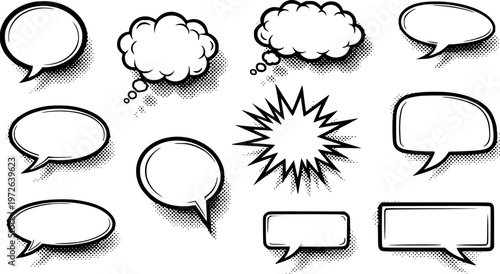  set of Retro empty comic speech bubbles set with black halftone shadows. Vintage design, pop art style - stock vecto