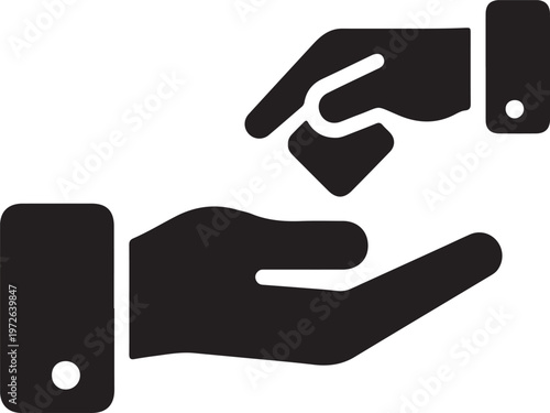 Charity donation icon in flat vector style, hand giving money or heart to another hand. Philanthropy and social support concept. Financial aid symbol.