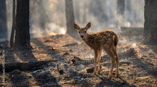 Fawn Standing in Burnt Forest After Wildfire