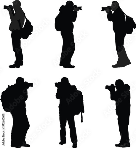 A group of diverse silhouettes showcasing photographers actively taking pictures with their professional cameras, some figures carrying backpacks, illustrating various poses and photographic moments.