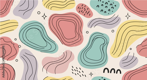 Abstract shapes and colorful patterns create a vibrant illustration.