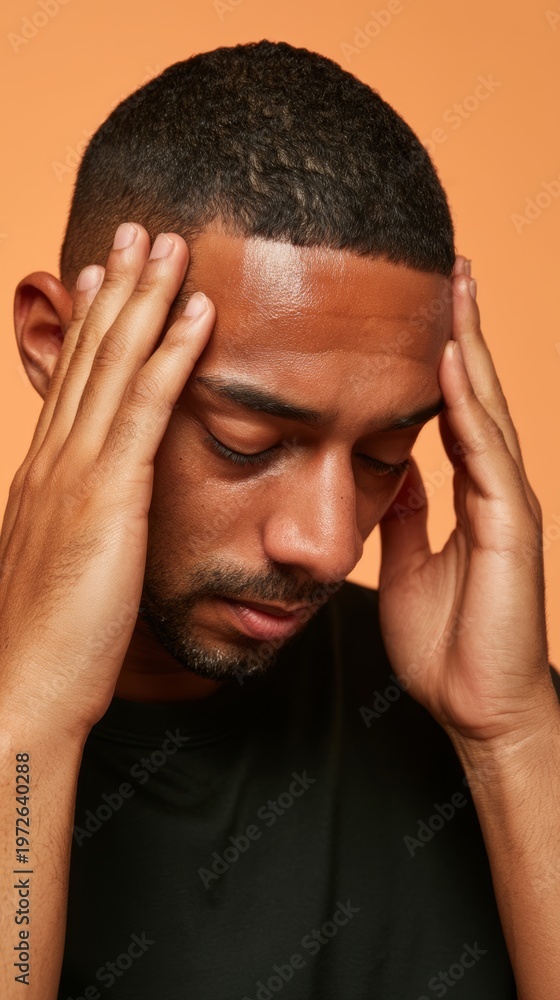 Fototapeta premium Intense Man with Hand on Head, Expressing Doubt or Confusion