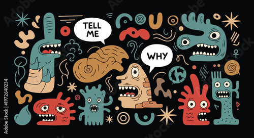 Alien creatures discuss reasons in a vibrant, starry night scene with monsters.