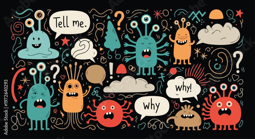 Alien creatures ask questions with speech bubbles in space.