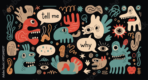 A colorful illustration shows various monsters and creatures with speech bubbles on a black background.