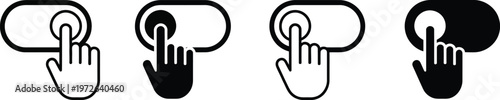 Switch, finger on slider icon set with on off button control, hand interaction symbol, user interface toggle, clean vector illustration design.