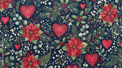 Festive Holiday Pattern Photo with Red Poinsettia Flowers Hearts and Pine Leaves on Dark Background