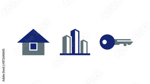 Real Estate Icons: House, Cityscape, and Key