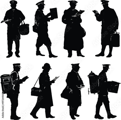 Professional mail carriers dressed in traditional vintage uniforms are shown in black silhouettes carrying various pieces of correspondence while delivering mail to local residential house addresses