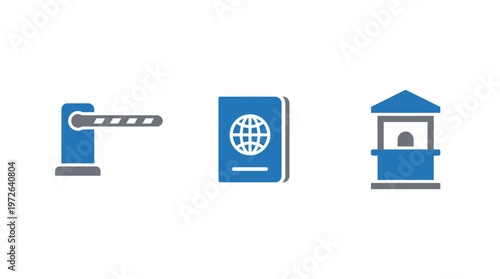 Border Control Icons: Barrier, Passport, and Booth - Travel and Immigration Concept