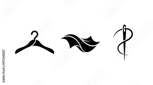 Fashion Design Icons: Hanger, Fabric Swirl, Needle and Thread