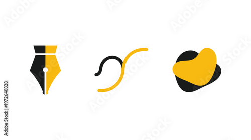 Abstract Yellow and Black Icons: Pen Nib, Curve, Blob on White Background