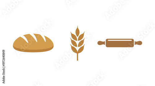 Bakery icons: bread, wheat stalk, and rolling pin on white background