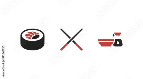 Sushi roll, chopsticks, and soy sauce dish icon set, minimalist design, Japanese cuisine symbols