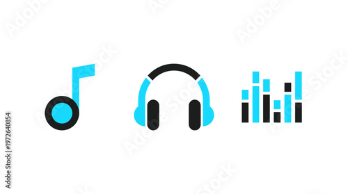 Music Note, Headphones and Equalizer Icons on White Background