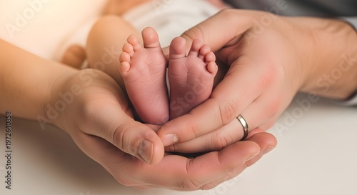 Newborn babys tiny feet held gently in parents loving hands, symbolizing new life and family bond.