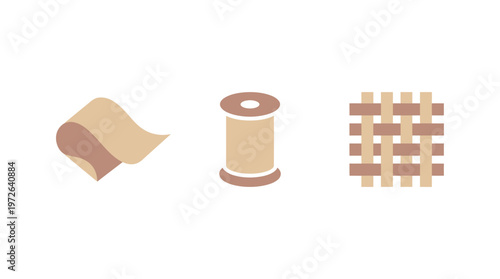 Textile Industry Icons: Fabric, Spool of Thread, Woven Material