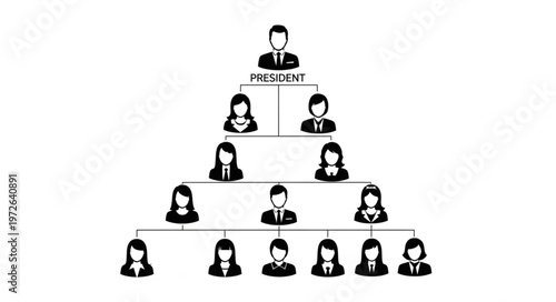 Business organizational pyramid hierarchy with people icons.