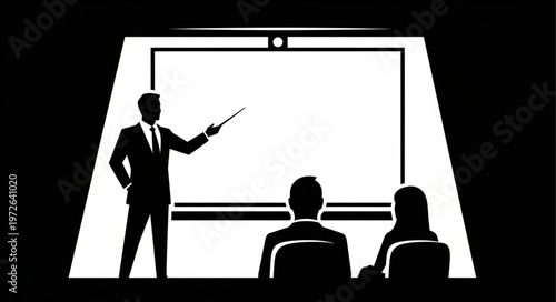 Business presenter pointing at presentation screen addressing audience members.