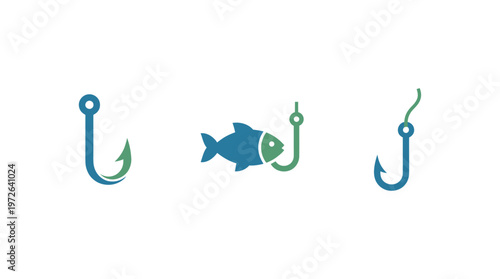 Fishing Hook and Fish Icon Set - Concept of Catching Fish
