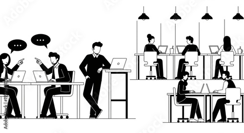 Business professionals working together in shared office space.